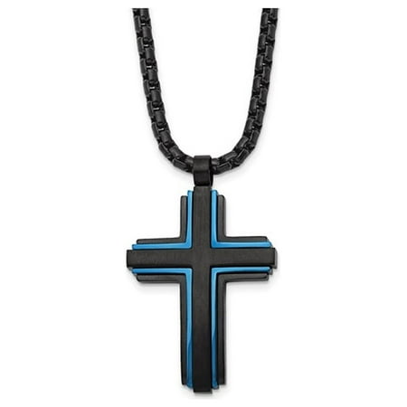 Gem & Harmony Mens Stainless Steel Blue and Black Cross Necklace with Chain for Men