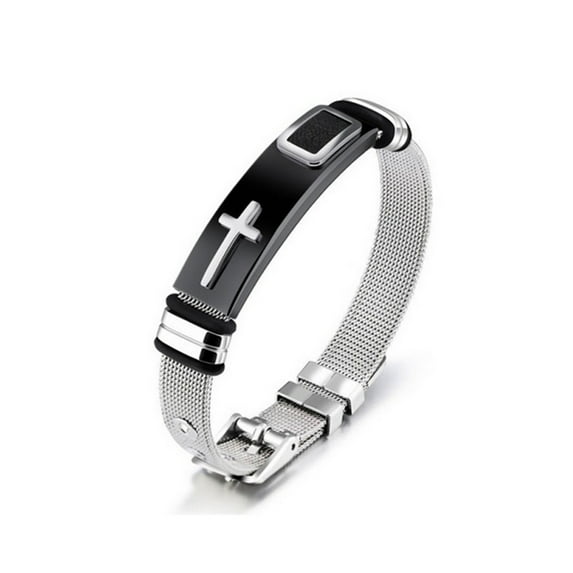Mens Stainless Steel Bracelet with Adjustable Mesh Band and Buckle Clasp, Christian Bracelet with Cross, Black/Silver