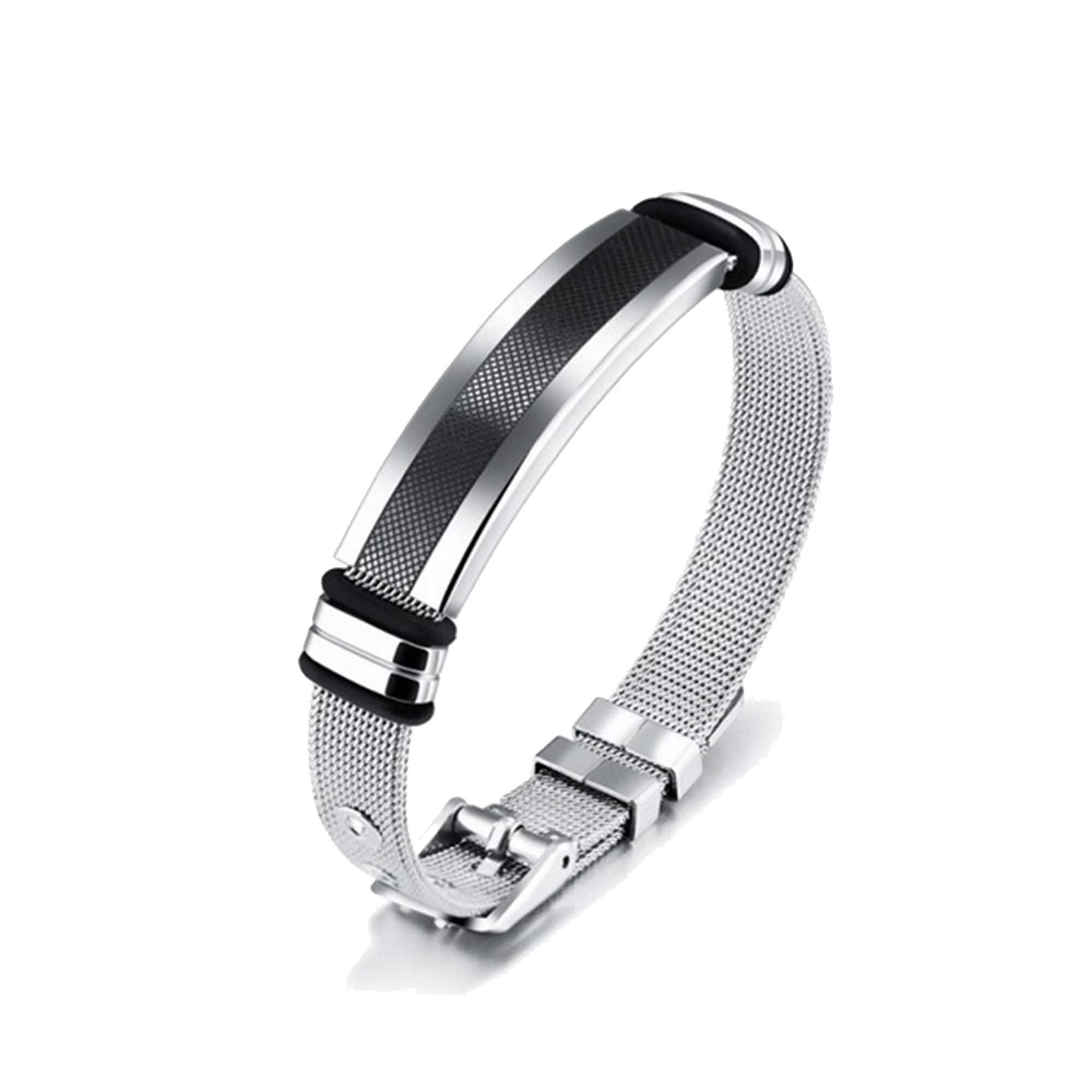 Mens Stainless Steel Bracelet with Bar, Adjustable Mesh Band with Buckle Clasp,Black/Silver