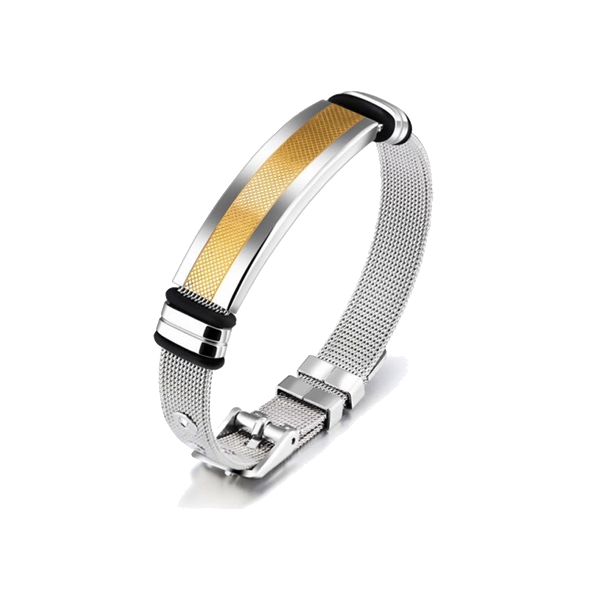 Mens Stainless Steel Bracelet with Bar, Adjustable Mesh Band with Buckle Clasp, Gold/Silver