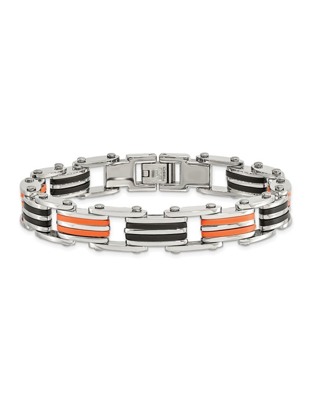 Mens Stainless Steel Bracelet with Black and Orange Rubber 8.75 inch for Men