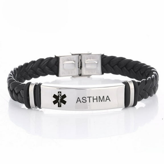 Mens Stainless Steel Braided Leather ASTHMA Medical Alert Wristband Sos ICE Medical ID Bracelet Awareness Emergency for Husband Son Boyfriend Grandpa Dad,ASTHMA