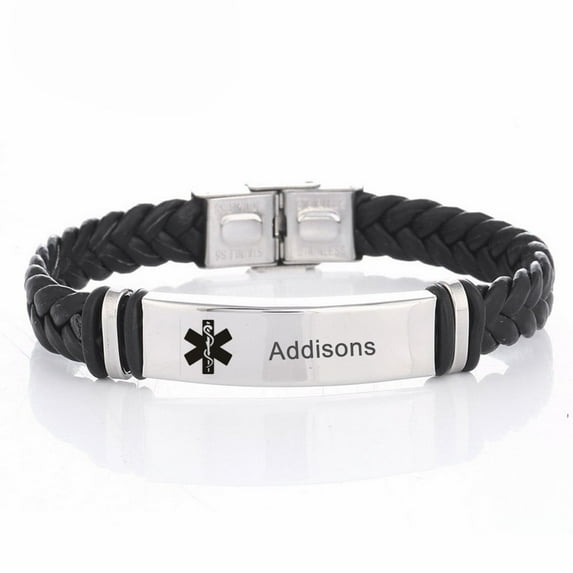 Mens Stainless Steel Braided Leather Addisons Medical Alert Wristband Sos ICE Medical ID Bracelet Awareness Emergency for Husband Son Boyfriend Grandpa Dad,Addisons