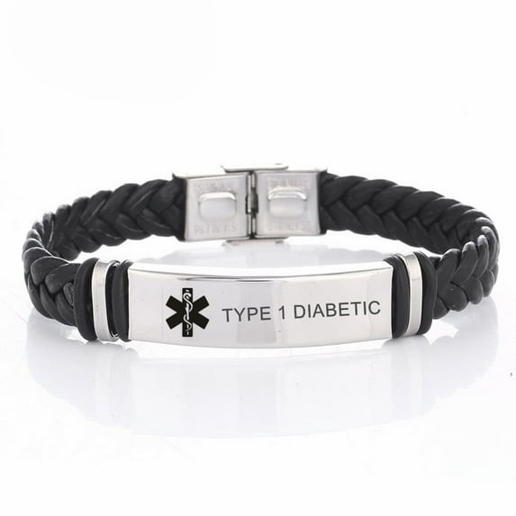 Mens Stainless Steel Braided Leather TYPE 1 DIABETIC Medical Alert Wristband Sos ICE Medical ID Bracelet Awareness Emergency for Husband Son Boyfriend Grandpa Dad,TYPE 1 DIABETIC