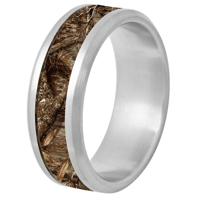 Mens Stainless Steel Camo Carbon Fiber Inlay Wedding Band - Mens Ring