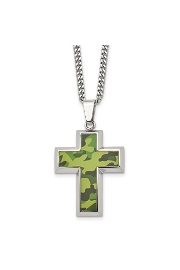 Mens Stainless Steel Camouflage Cross Pendant Necklace with Chrome Finish Military Style Outdoor Tactical Design Bold Symbol Spiritual Fashion Accessory with Polished Chain Rugged Look for Him