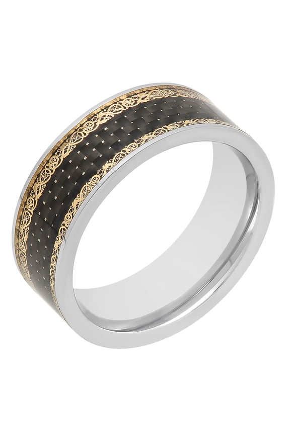 Mens Stainless Steel & Carbon Fiber Yellow IP Filigree Band - Mens ring