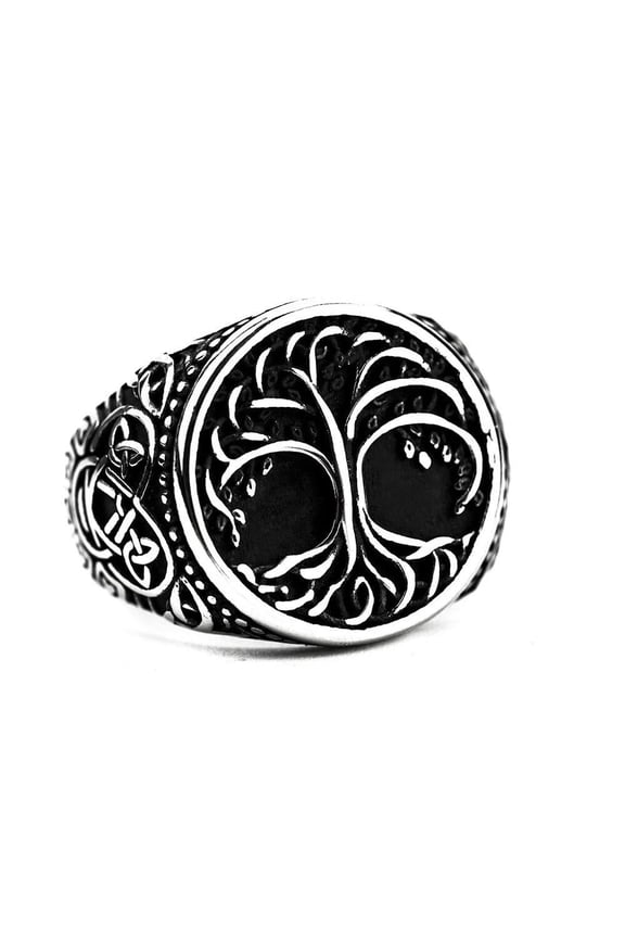 Men's Stainless Steel Celtic Tree Of Life Band Ring Black Silver Textured Size 13 R38