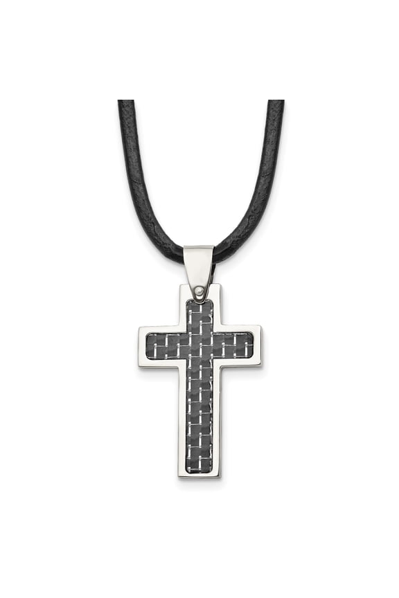 Mens Stainless Steel Cross Necklace with Carbon Fiber Inlay on Black Leather Cord Modern Geometric Pendant for Urban Style Faith Symbolism and Contemporary Rugged Statement Jewelry