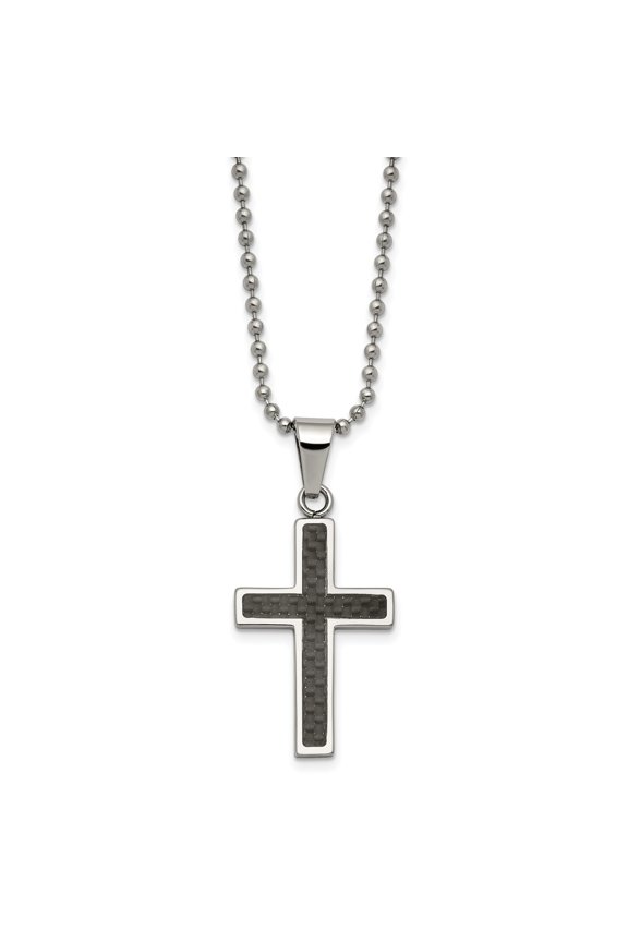 Mens Stainless Steel Cross Necklace with Carbon Fiber Inlay Pendant Polished Finish Modern Geometric Design Contemporary Ball Chain Urban Spiritual Jewelry Bold Sleek Masculine Style