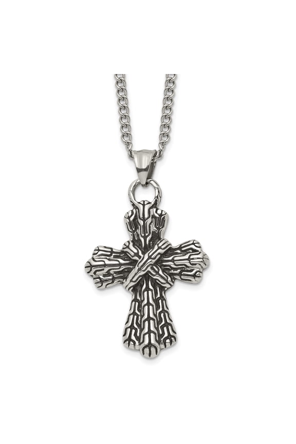 Mens Stainless Steel Cross Necklace Rustic Textured Twig Pendant Natural Branch Design Polished Rugged Metal Jewelry Symbol of Faith Strength Spiritual Nature Inspired Bold Artisan Statement Chain