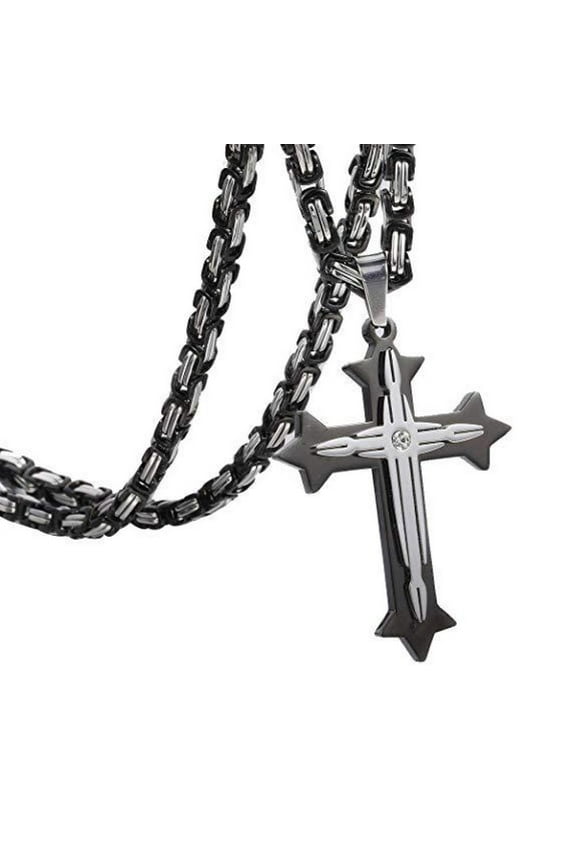 Mens Stainless Steel Cross Pendant Necklace 5mm Byzantine Link Chain Religions Jewelry 22-32inch