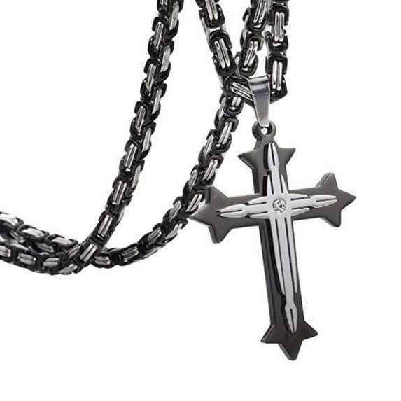 Mens Stainless Steel Cross Pendant Necklace 5mm Byzantine Link Chain Religions Jewelry 22-32inch