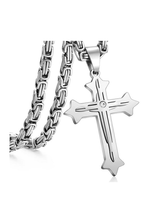 Mens Stainless Steel Cross Pendant Necklace 5mm Byzantine Link Chain Religions Jewelry