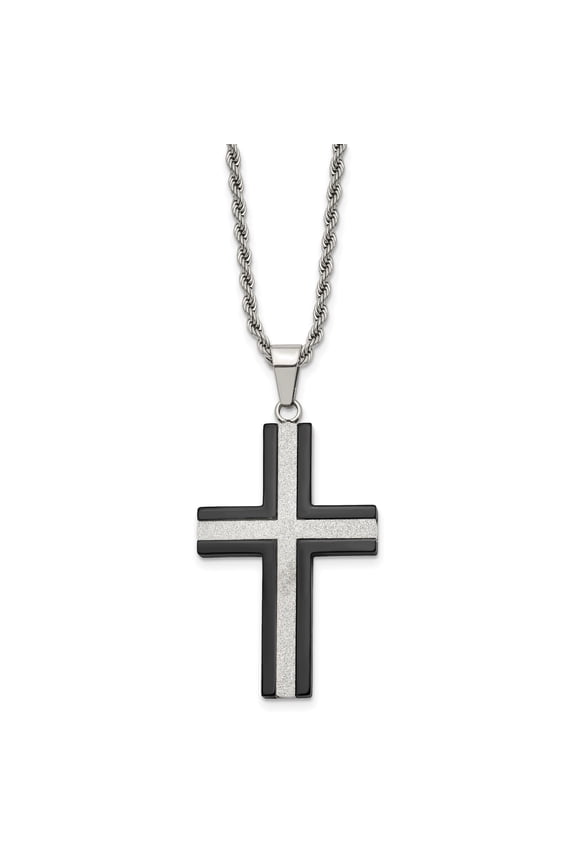 Mens Stainless Steel Cross Pendant Necklace with Black Enamel Matte Finish Polished Line Twisted Chain Modern Bold Minimalist Statement Spiritual Jewelry for Everyday or Formal Wear