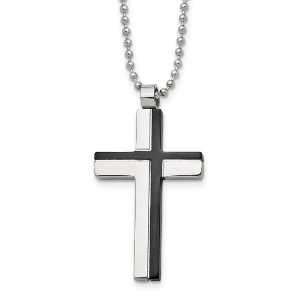 Stainless Steel Religious Cross Pendant Necklace with Black Inlay, 20 in Chain for Men
