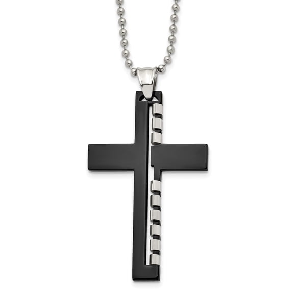 Mens Stainless Steel Cross Pendant Necklace Black with Silver Inlay Modern Industrial Design Reflective Finish Matte Contrast Vertical Chain Accent Urban Fashion Statement Jewelry