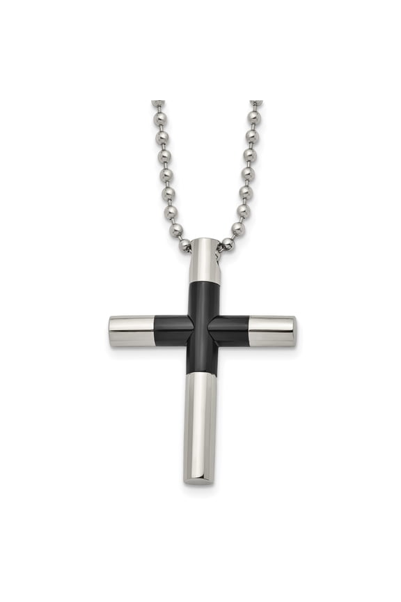 Stainless Steel Cross Pendant Necklace for Men, Black/Silver Religious 22 in Ball Chain