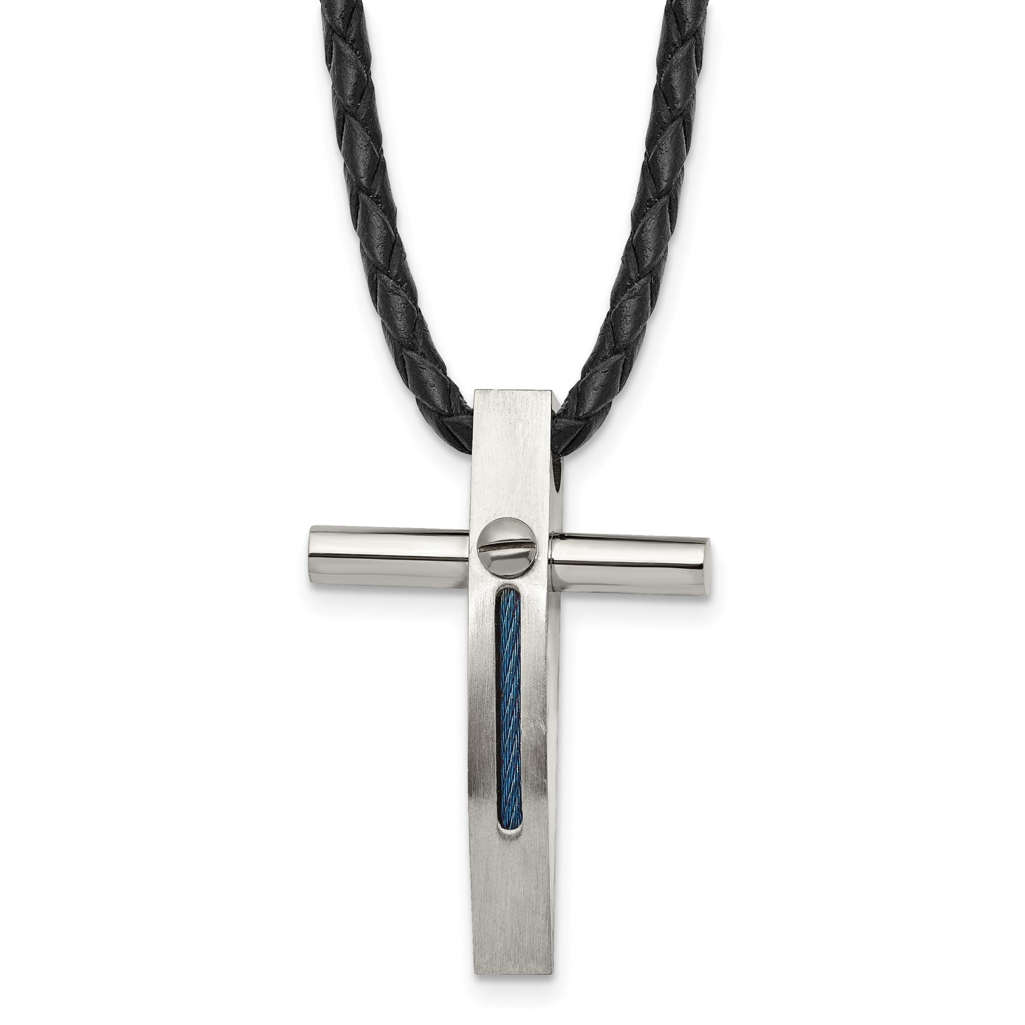 Stainless Steel Religious Cross Pendant Necklace with Blue Inlay, 18 in Leather Cord