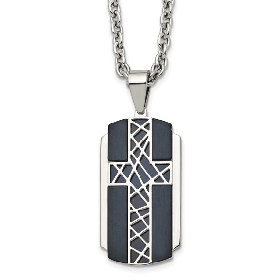 Mens Stainless Steel Cross Pendant Necklace Brushed Black Rectangular Design with Lattice Pattern Silvery Accents Modern Spiritual Religious Jewelry on Polished Interlinked Chain