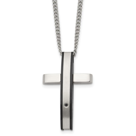 Mens Stainless Steel Cross Pendant Necklace with Brushed Center and Polished Edges Modern Dual Tone Minimalist Design on Sleek Chain Spiritual Symbol Contemporary Jewelry for Daily Wear
