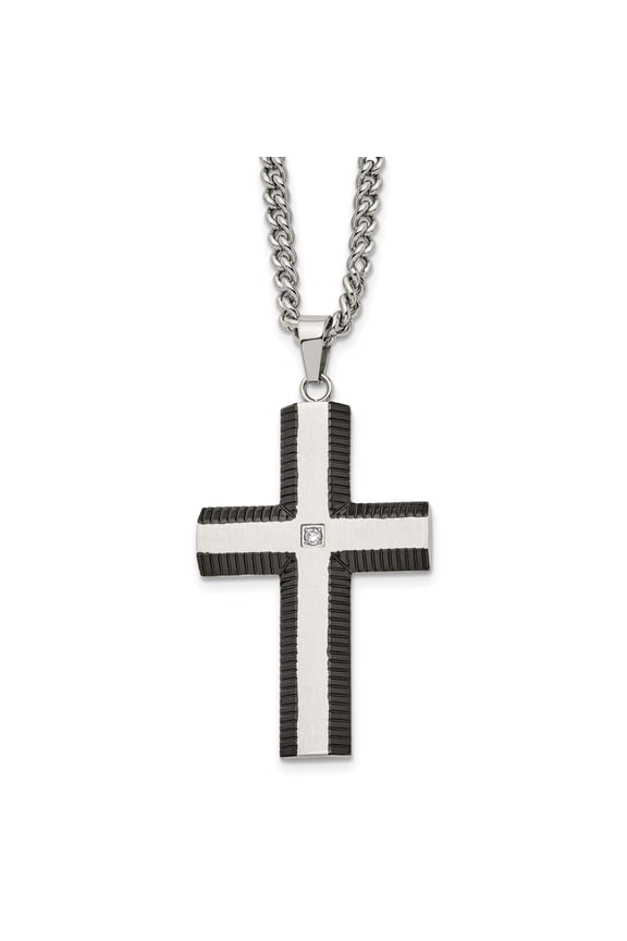 Mens Stainless Steel Cross Pendant Necklace with Diamond Inspired Stone Polished Silver and Black Dual Tone Textured Design Modern Religious Fashion Jewelry for Everyday or Formal Wear