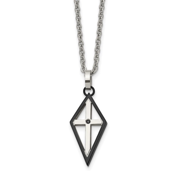 Mens Stainless Steel Cross Pendant Necklace with Geometric Kite Design Black Plated Edge Metallic Center Modern Spiritual Style for Daily or Formal Wear Durable Interlocking Chain