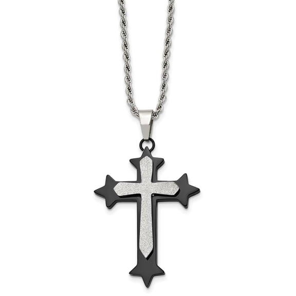 Mens Stainless Steel Cross Pendant Necklace with Polished Black Border and Silver Center Modern Rope Chain Bold Spiritual Religious Design Symbol of Faith Contemporary Statement Jewelry