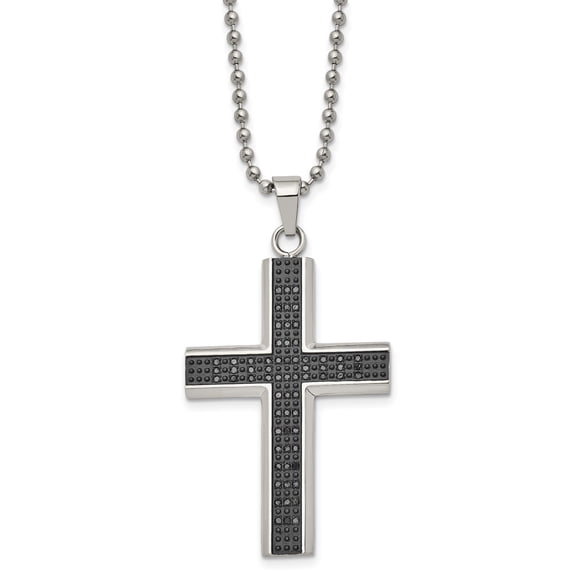 Mens Stainless Steel Cross Pendant Necklace with Textured Grid Design Black Rhodium Detail Bold Modern Style on Polished Ball Chain Faith Jewelry for Casual or Formal Wear