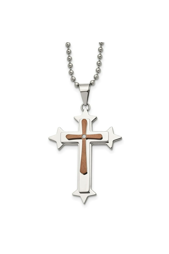 Mens Stainless Steel Cross Pendant Necklace with Wood Inlay and Diamond Accent on Ball Chain for Modern Faith Style and Elegant Spiritual Jewelry Accessory