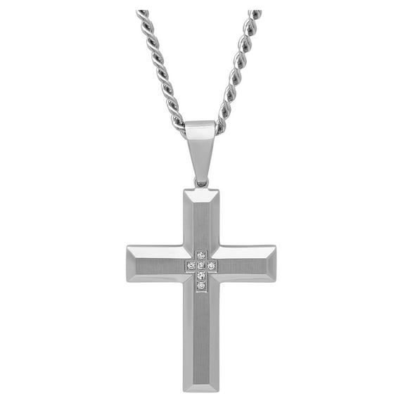 Mens Stainless Steel Diamond Accent Cross Pendant Necklace