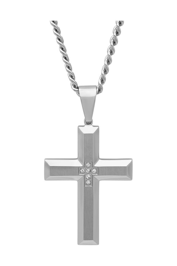 Mens Stainless Steel Diamond Accent Cross Pendant Necklace