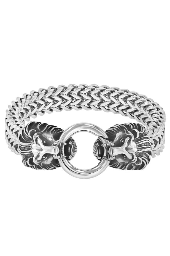 Mens Stainless Steel Double Franco Link Lion Head Chain Bracelet