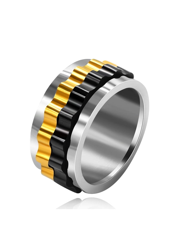 Mens Stainless Steel Dual Gear Spinner Ring Men Dad, Black Gold Two Tone Fidget Spinning Band Rings (Size 9)