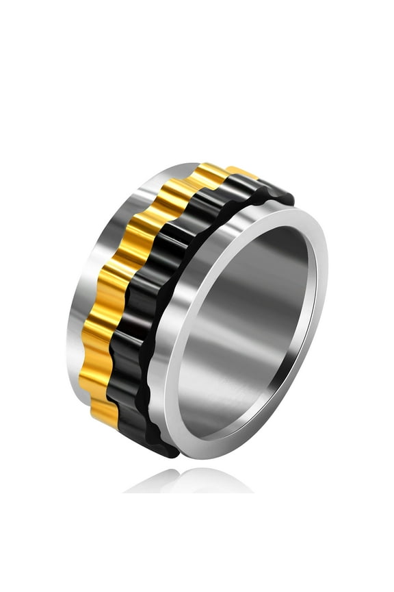 Mens Stainless Steel Dual Gear Spinner Ring Men Dad, Black Gold Two Tone Fidget Spinning Band Rings (Size 9)