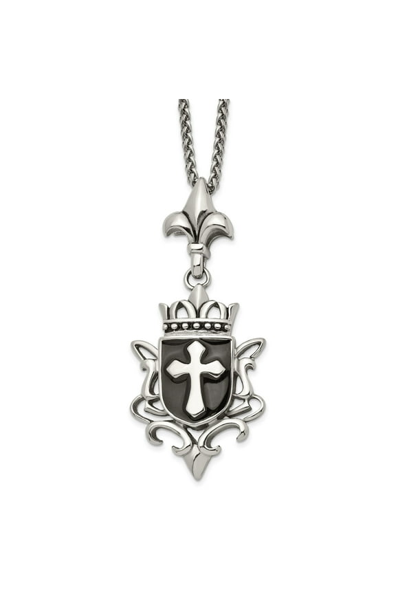 Mens Stainless Steel Fleur-de-Lis Cross Necklace with Black Shield Pendant Spiritual Gothic Design on Polished Woven Chain Medieval Style Faith Jewelry for Modern Elegant Statement