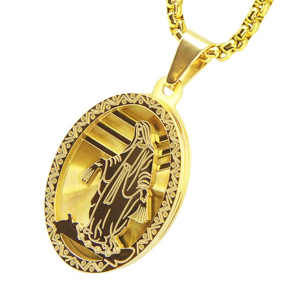 Mens Stainless Steel Gold Plated Oval Virgin Mary Guadalupe Pendant, 24" Box Chain SCP169G