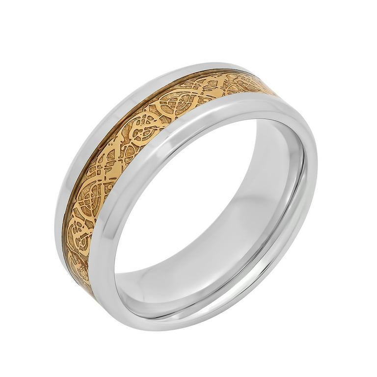 Mens Stainless Steel Gold Tone IP Filigree Wedding Band Mens