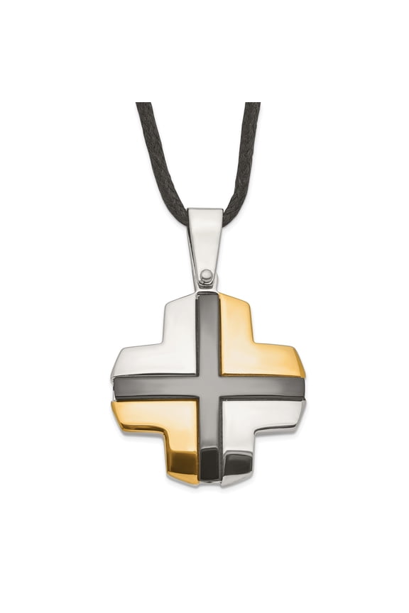 Mens Stainless Steel and Gold Tone Modern Cross Pendant Necklace on Black Braided Cord Dual Metal Minimalist Design for Casual or Formal Wear Bold Geometric Statement Jewelry