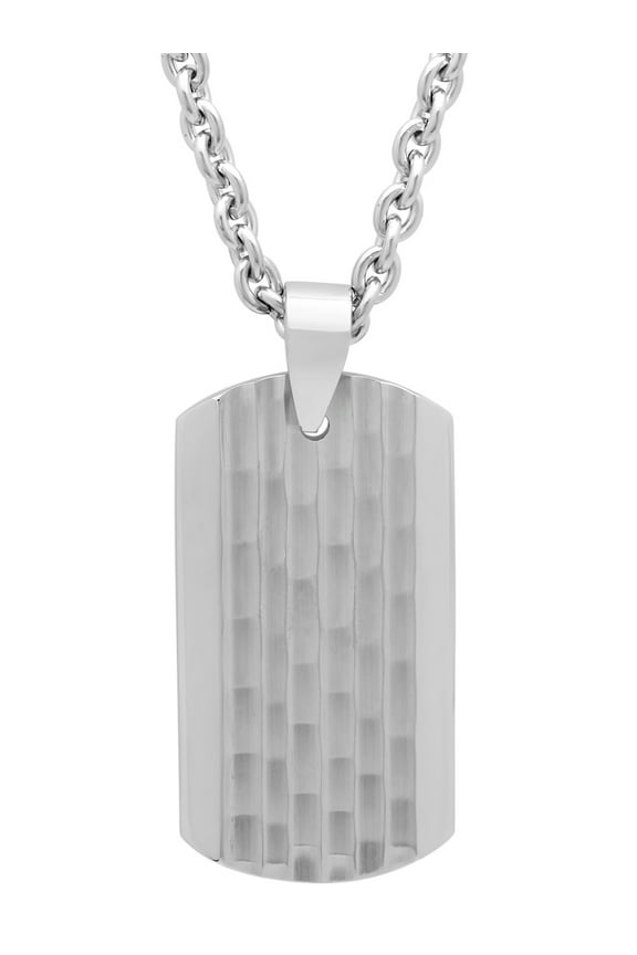 Mens Stainless Steel Hammered Dog Tag Pendant Necklace