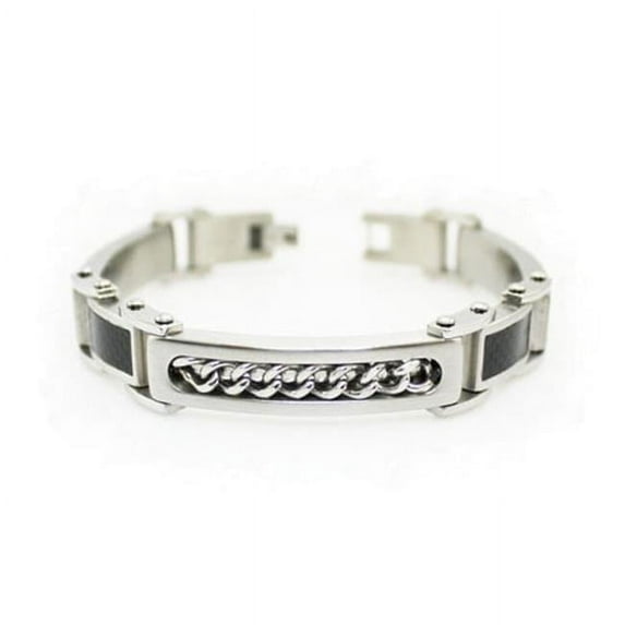 Mens Stainless Steel ID Bracelet with Carbon Fiber 8.5