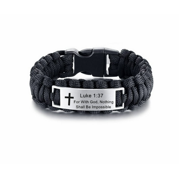Mens Stainless Steel Luke 1 37 Bible Verse Outdoor Black Rope Paracord Survival Bracelet,Christ Cross Bible Quote Scripture Cuff Bracelets for Adult Hiking Camping Hunting Activities
