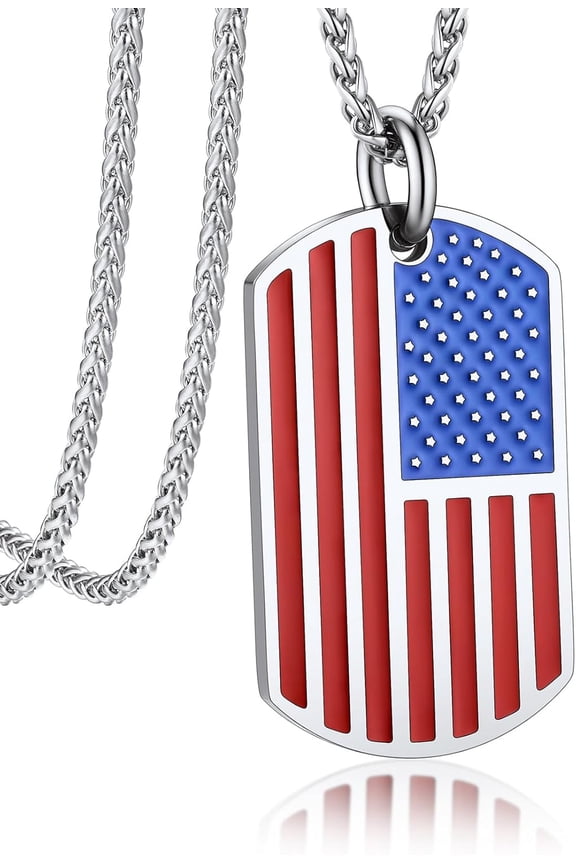 Mens Stainless Steel Pendant Necklaces, American Flag Military Dog Tag With 22" Spiga Chain Independence Day Patriotic Jewelry For Men Women[Z4572]
