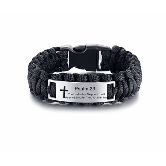 Mens Stainless Steel Psalm 23 Bible Verse Outdoor Black Rope Paracord Survival Bracelet,Christ Cross Bible Quote Scripture Cuff Bracelets for Adult Hiking Camping Hunting Activities