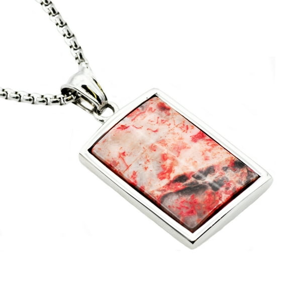 Mens Stainless Steel Red Lace Agate Dog Tag Pendant