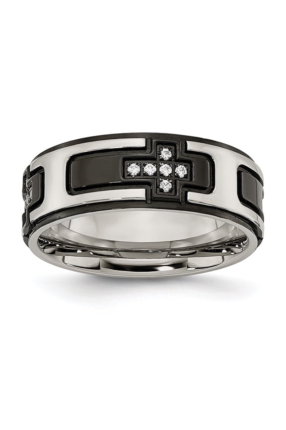 Mens Stainless Steel Ring with Black Enamel Geometric Design Silver Cross and Simulated Diamond Accents Modern Spiritual Statement Jewelry Bold Polished Fashion Accessory for Him