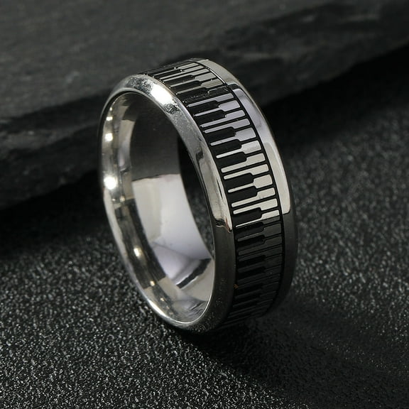 Mens Stainless Steel Ring: Black and White Piano Keys Design, Electroplated, Geometric, Round Elements, Fashion Jewelry for Men