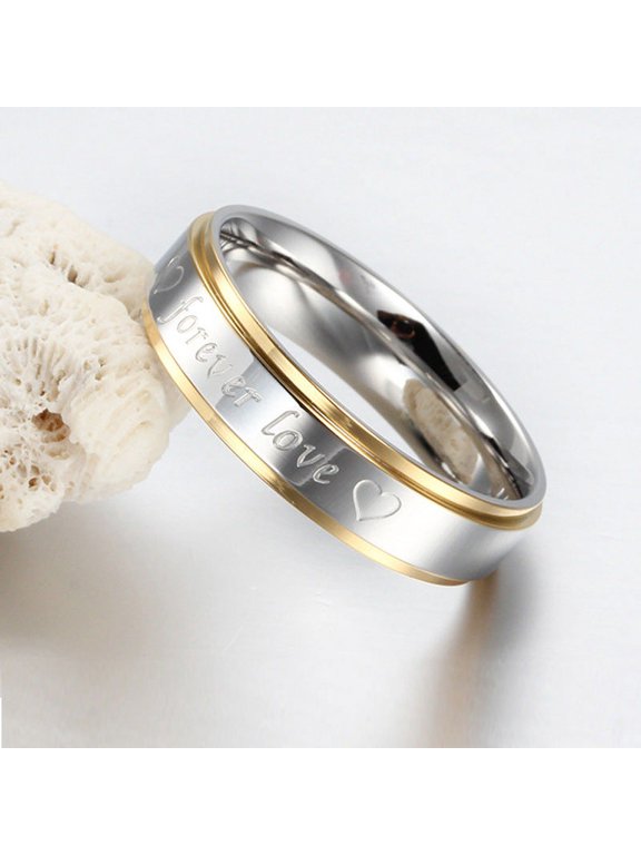 Mens Stainless Steel Ring Eight Hearts And Arrows Design Golden Accent Band Ring Gift For Him Anniversary Ring