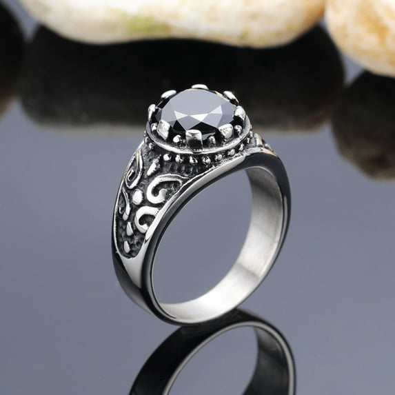 Mens Stainless Steel Ring With Gemstone Diamond Accent Geometric Design Titanium Band Jewelry Gift Anniversary