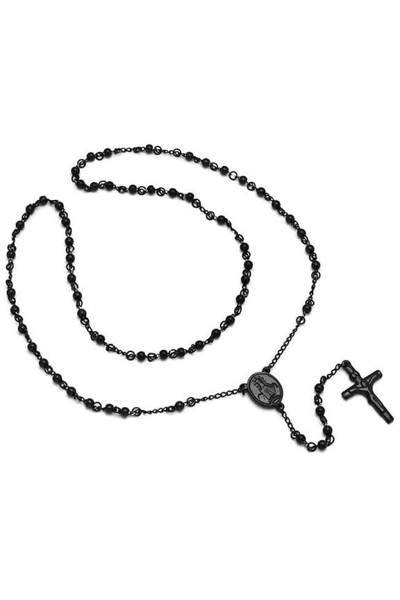 Mens Stainless Steel Rosary Necklace In Black Ip